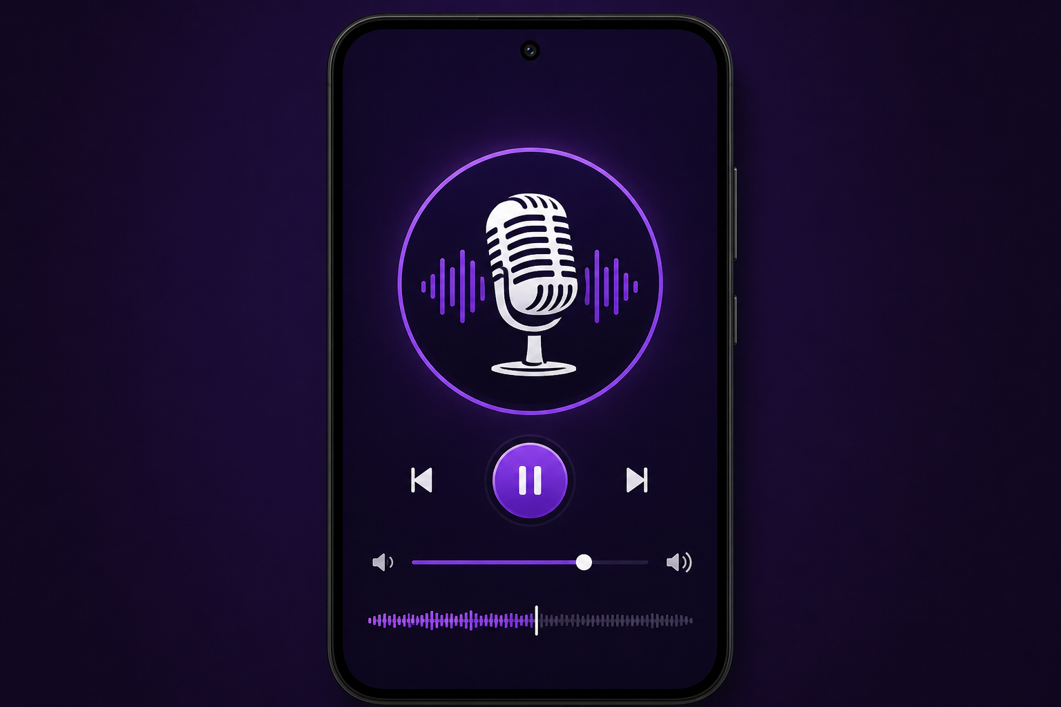 Reproductor de radio con logo y controles de audio