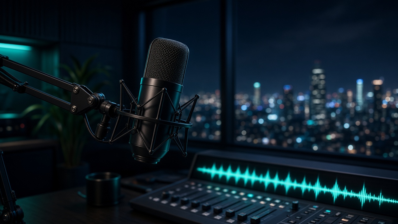 Estudio de radio online con micrófono y consolas